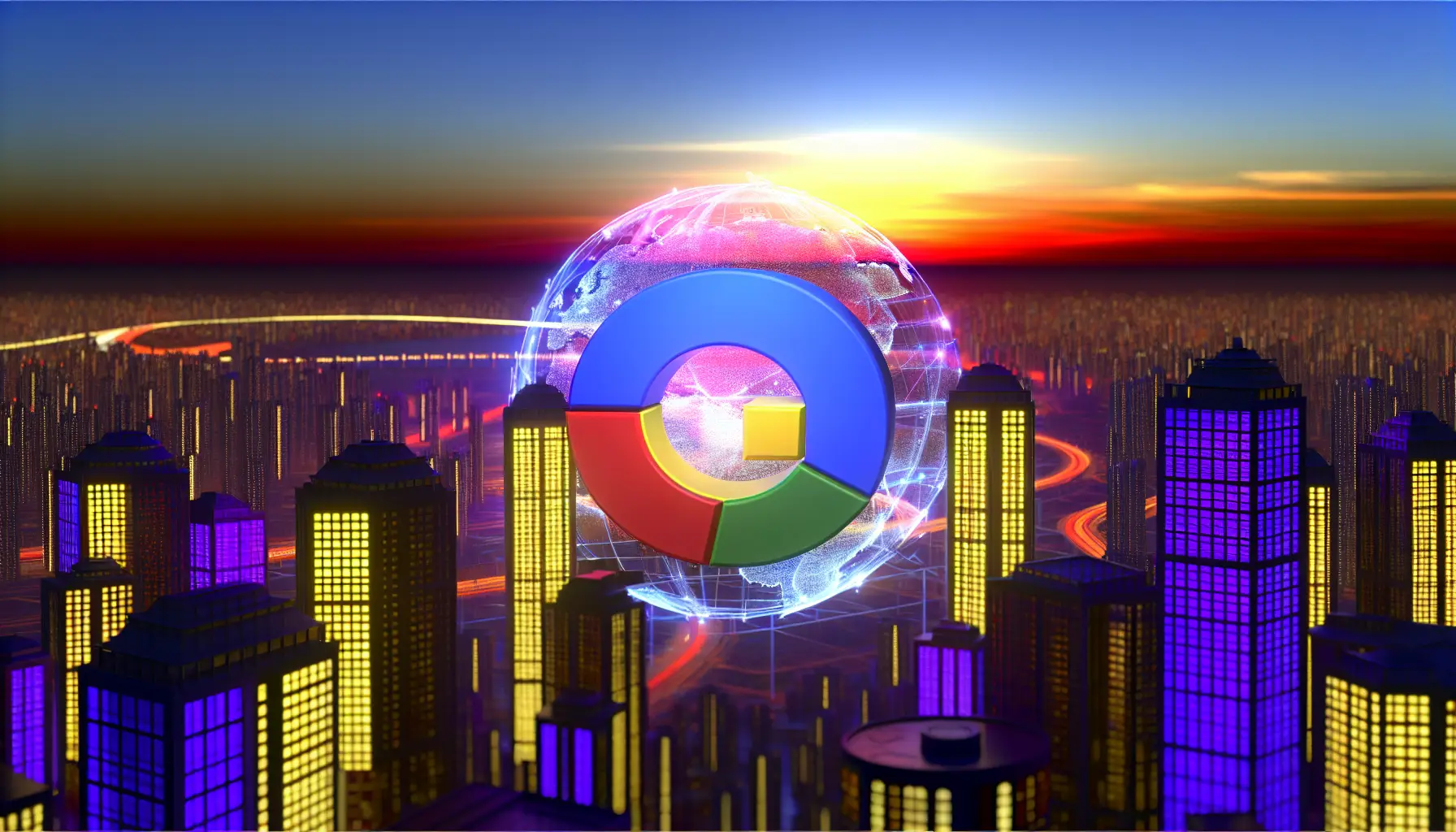 Stadtlandschaft mit Google My Business-Logo im Vordergrund